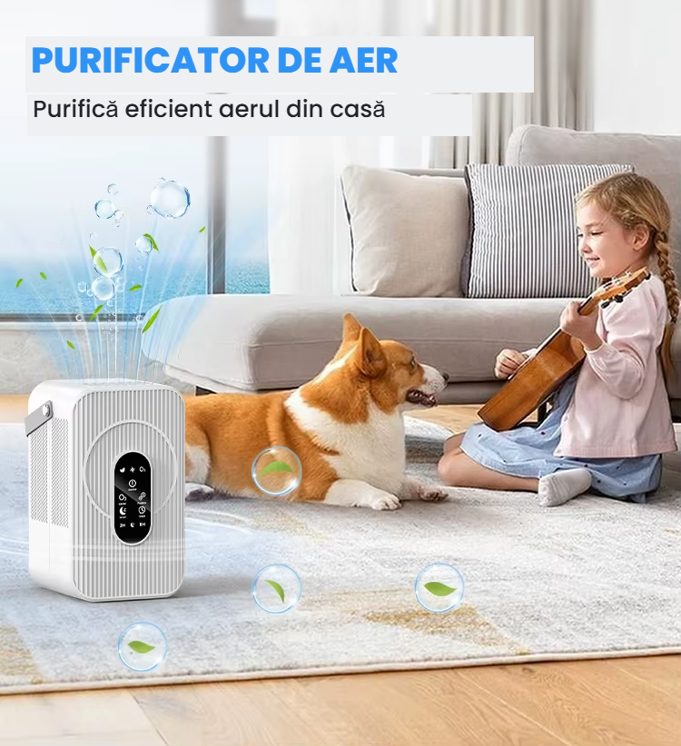 Purificatorul de aer NuVent NV-A02 în living, lângă un copil și un câine