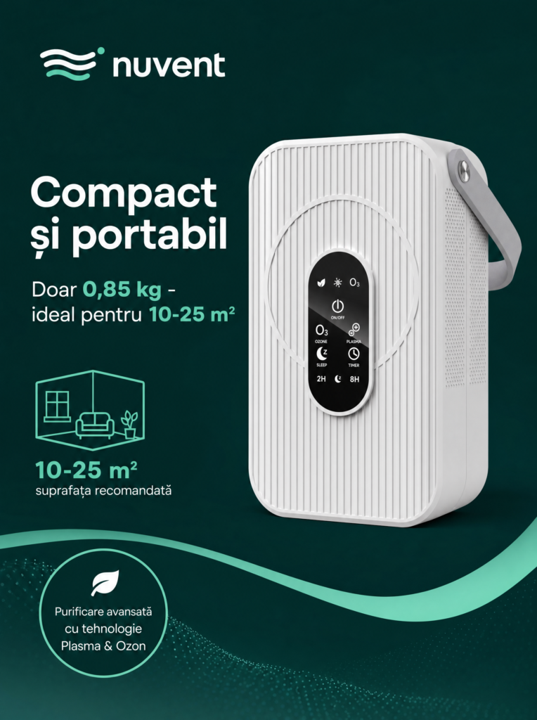 NuVent NV-A02 compact și portabil: 0,85 kg, pentru camere de 10–25 m²