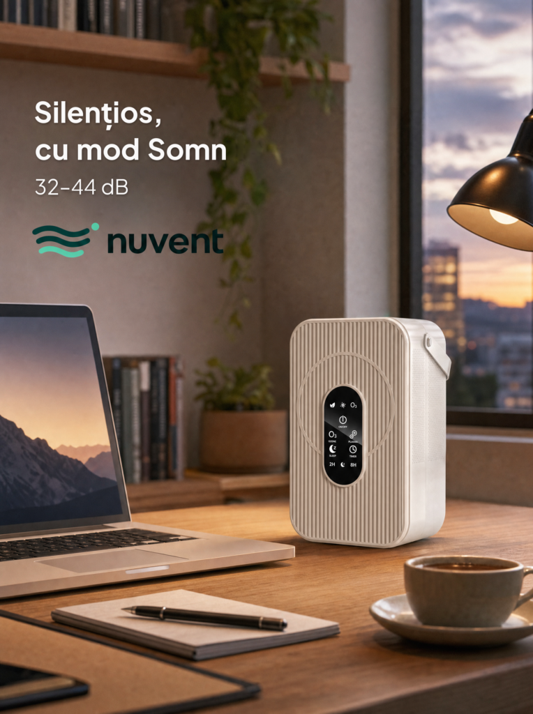 Purificatorul de aer NuVent NV-A02 pe biroul de lucru, silențios, 32–44 dB