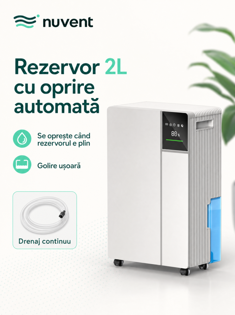 NuVent NV-Y11: rezervor de 2 L cu oprire automată și drenaj continuu cu furtun