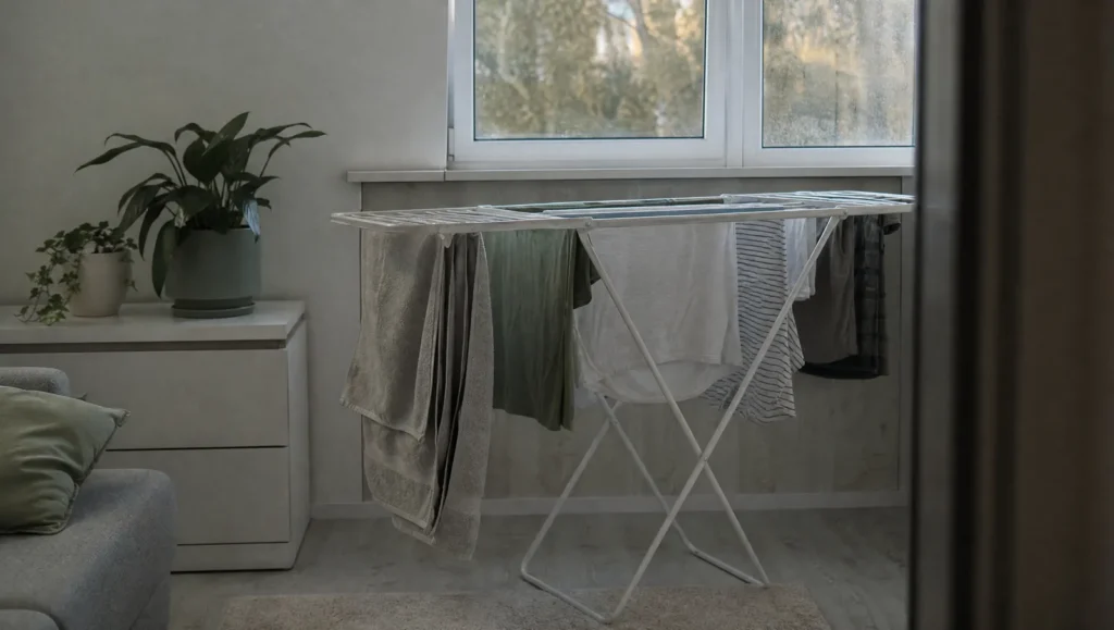 Rufe puse la uscat pe uscător în apartament, sursă de umiditate în casă